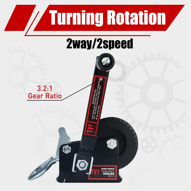 TYT 600LB Boat Trailer Winch with 6M Steel Wire, Hardened Steel Gear Heavy Duty Hand Winch, Operated Two-Way Ratchet Cable Winch, Ratio 3.2:1 Crank Small Winch for ATV UTV Marine Jet Ski Trailer Winch - Image 4