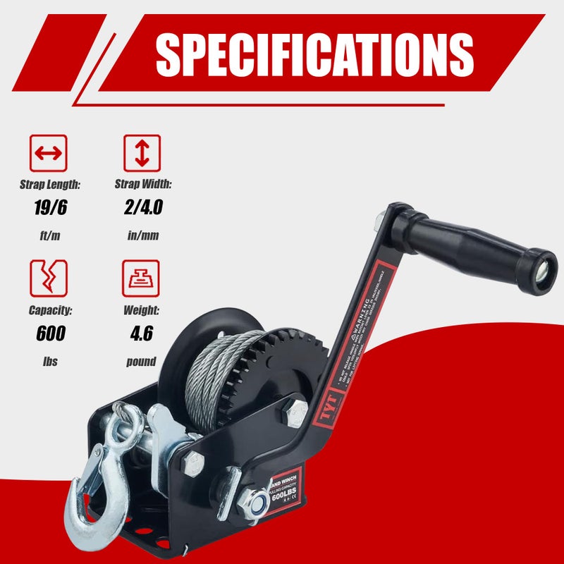 TYT 600LB Boat Trailer Winch with 6M Steel Wire, Hardened Steel Gear Heavy Duty Hand Winch, Operated Two-Way Ratchet Cable Winch, Ratio 3.2:1 Crank Small Winch for ATV UTV Marine Jet Ski Trailer Winch - Image 2