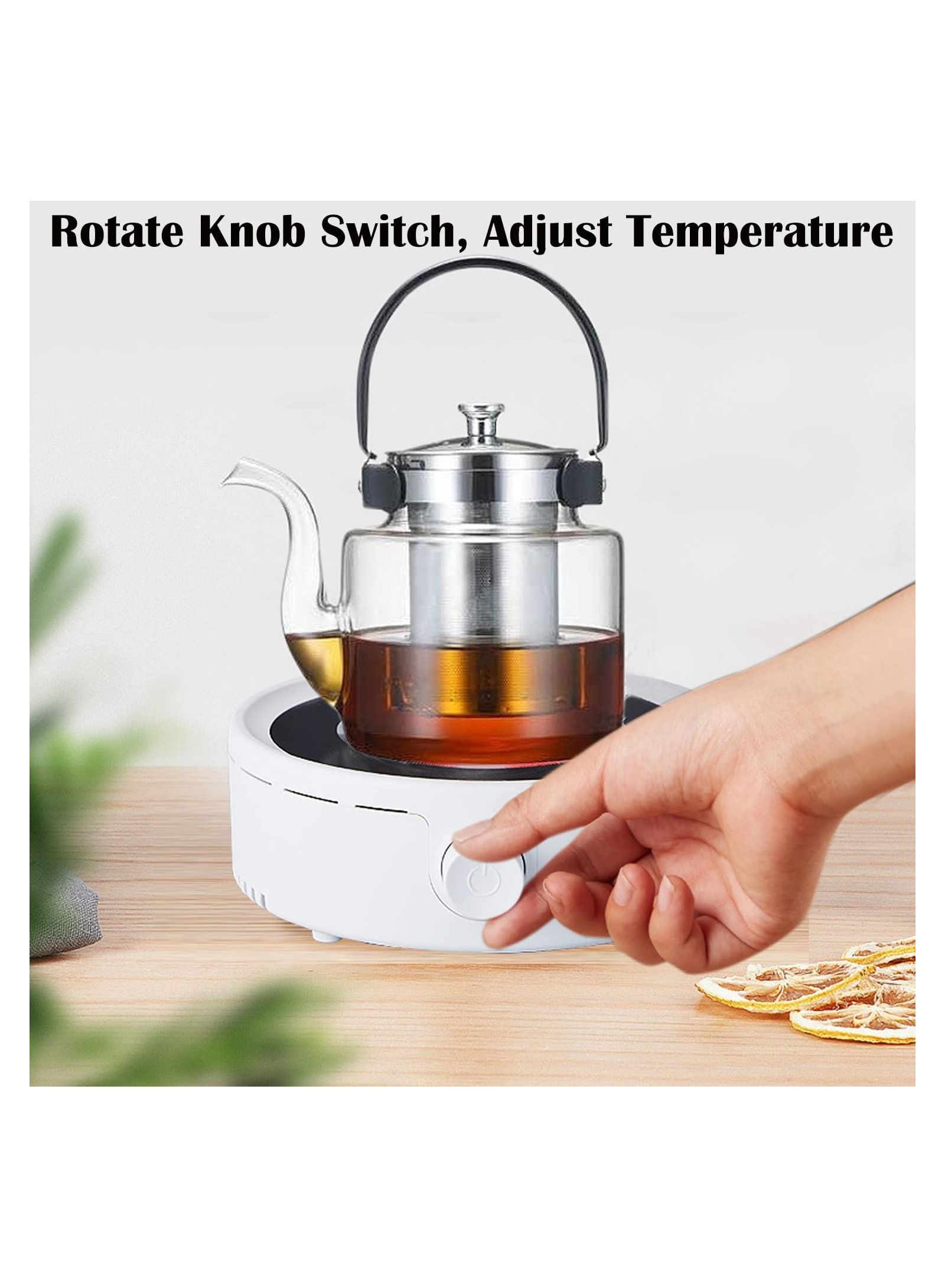 Electric Mini Coffee Pot Warmer with 900ml Teapot,800W Electric Ceramic Stove Round Hot Plate,Heater Stove Countertop Burner for Boiling Water,Tea,Coffee (White) 