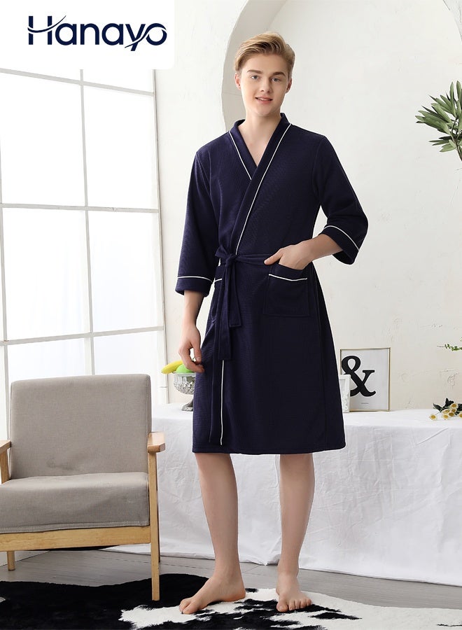 Hanayo Bath Robe Spring and Summer Nightgown Bathrobe For Women & Men V Neck Long Sleeve Sleepwear Waffle Robe Spa Robe Unisex Couple Bathrobe Perfect for Everyday Use(Navy,XL) - Image 1
