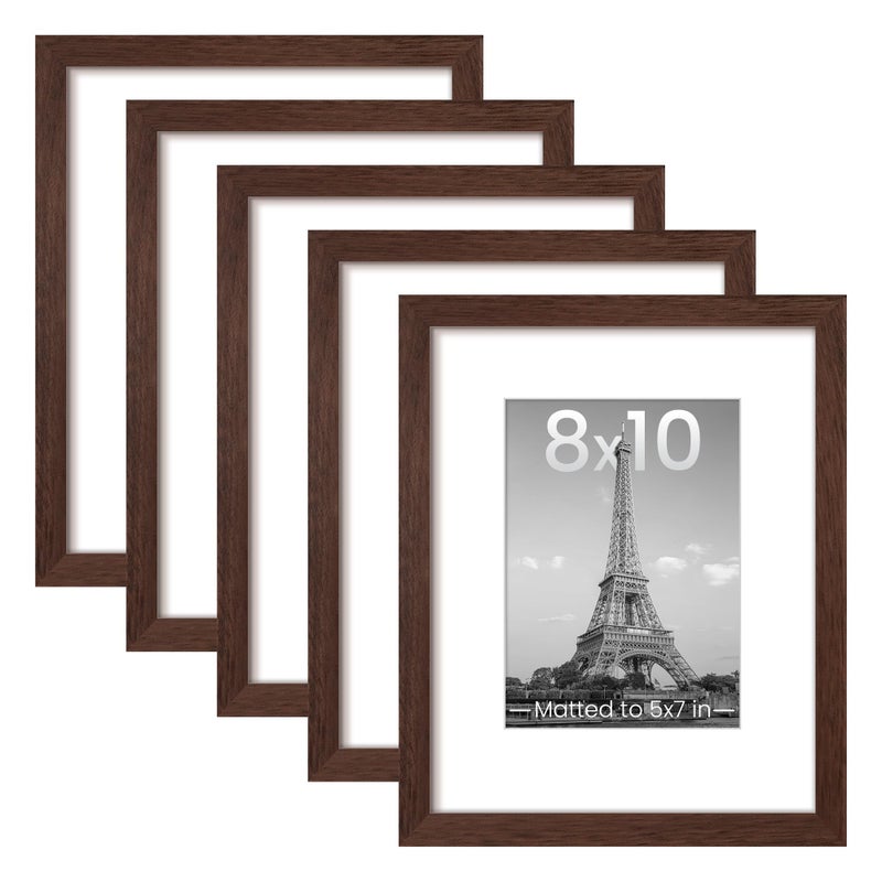 upsimples 8x10 Picture Frame Set of 5, Display Pictures 5x7 with Mat or 8 x 10 Without, Wall Gallery Photo Frames, Brown - Image 1