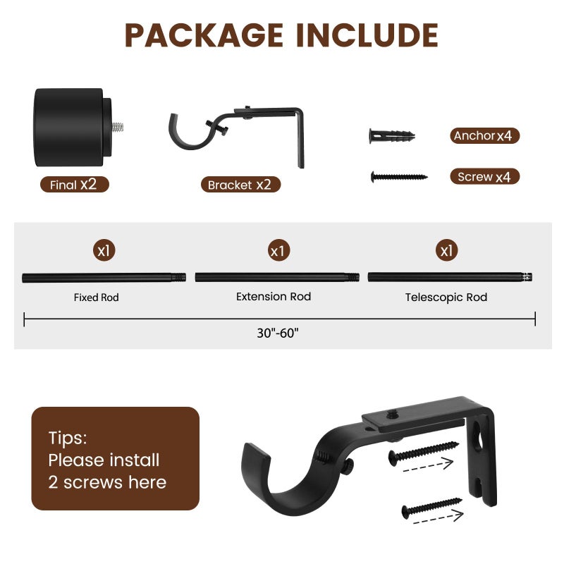 Hradecti 1' Diameter Matte Black Curtain Rod, 30-60 inch, Fits 30-54 Windows, Heavy Duty, Adjustable, Telescopic, Splicing Metal, Extra Long, for Windows & Sliding Glass Door - Image 2