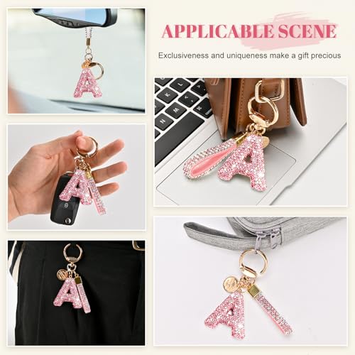 Prometheism Initial Letter Keychain for Women Girls, Bling cute KeyChain for Car Key Accessories Lanyard and Backpack Bag，Perfect Gift (Pink-A) - Image 3