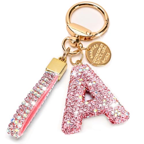 Prometheism Initial Letter Keychain for Women Girls, Bling cute KeyChain for Car Key Accessories Lanyard and Backpack Bag，Perfect Gift (Pink-A) - Image 1