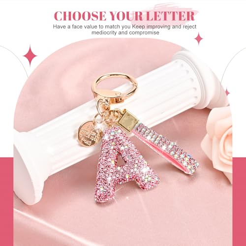 Prometheism Initial Letter Keychain for Women Girls, Bling cute KeyChain for Car Key Accessories Lanyard and Backpack Bag，Perfect Gift (Pink-A) - Image 2