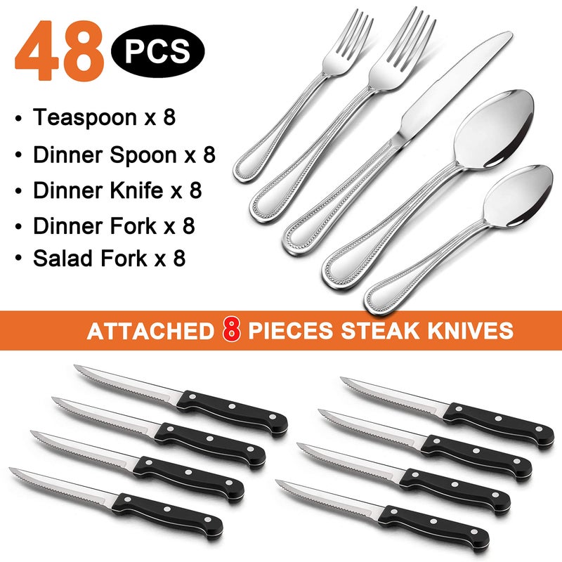 LIANYU Silverware Flatware Set for 8, 48-Piece Silverware Cutlery Set with Steak Knives, Stainless Steel Eating Utensils Tableware Include Forks Spoons Knives, Beaded Edge, Dishwasher Safe - Image 2