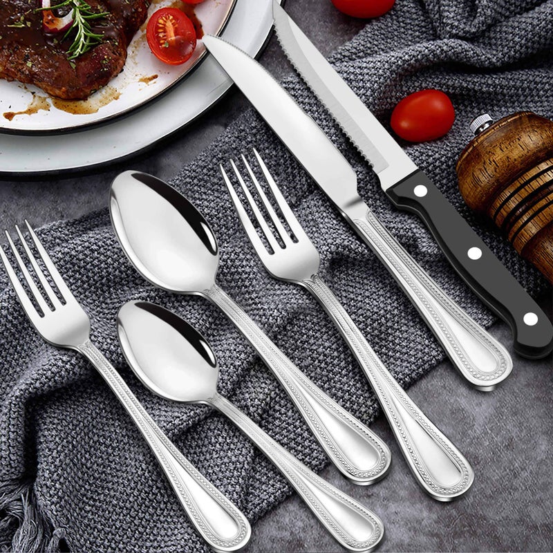 LIANYU Silverware Flatware Set for 8, 48-Piece Silverware Cutlery Set with Steak Knives, Stainless Steel Eating Utensils Tableware Include Forks Spoons Knives, Beaded Edge, Dishwasher Safe - Image 4