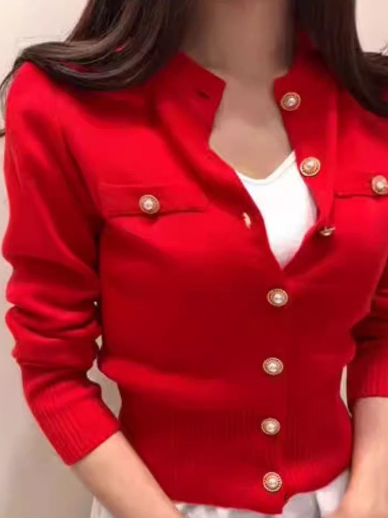 YUNIQEE سترة كاردigan حمراء من النايلون بأكمام طويلة وتصميم على شكل حرف V - Image 2