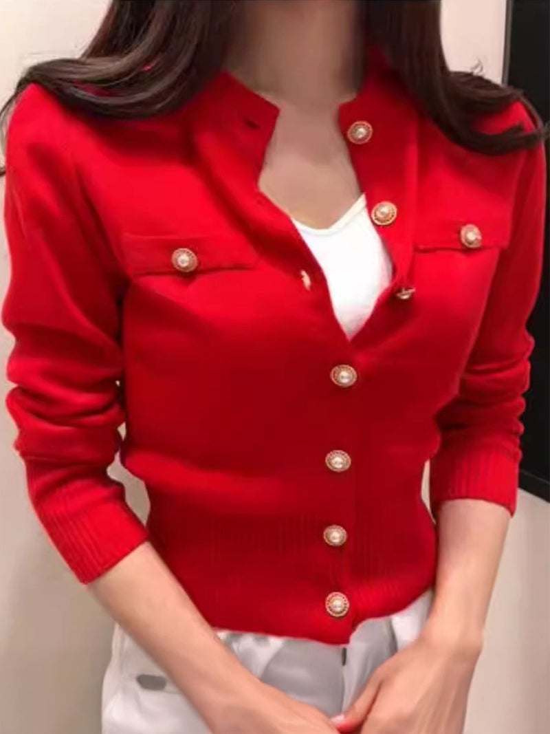 YUNIQEE سترة كاردigan حمراء من النايلون بأكمام طويلة وتصميم على شكل حرف V - Image 1