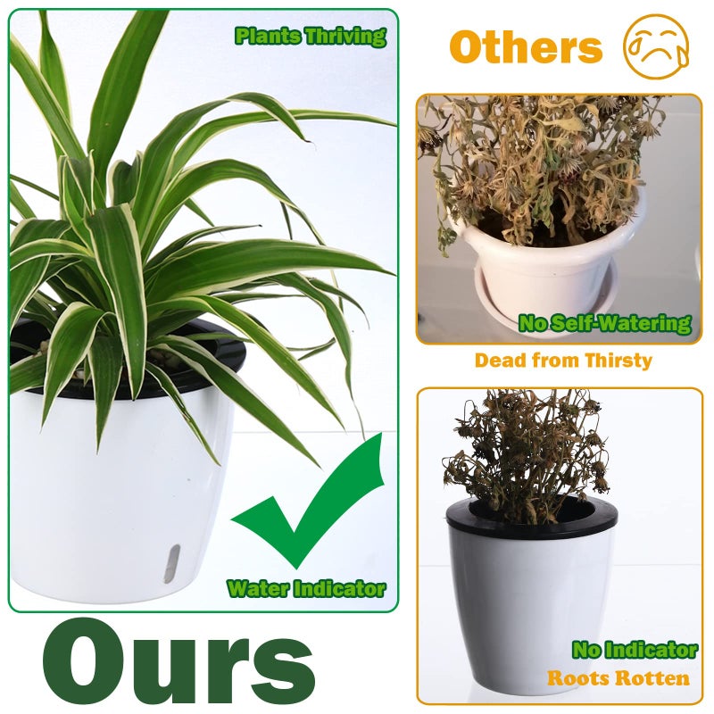 Planterhoma 6.7 Inch Self Watering Pots for Indoor Plants, 4 Packs White African Violet Pots with Water Indicator and Black Wick Pots, Self Watering Planters for Devil's Ivy, Indoor Plant Pots - Image 3