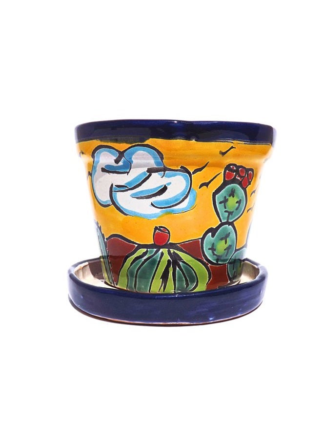 MEXTEQUIL Talavera Mexican Pottery Planters with Saucer 4" Rancherito - Cactus - Sun Pot Hand Painted Ceramic Plant Pot Planter Indoor Outdoor (Rancherito) - Image 3