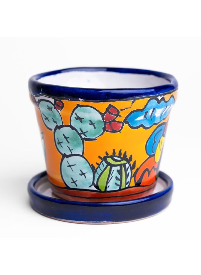 MEXTEQUIL Talavera Mexican Pottery Planters with Saucer 4" Rancherito - Cactus - Sun Pot Hand Painted Ceramic Plant Pot Planter Indoor Outdoor (Rancherito) - Image 2