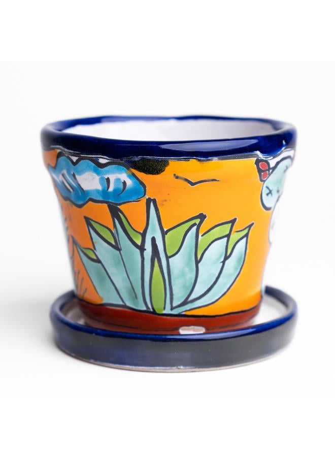 MEXTEQUIL Talavera Mexican Pottery Planters with Saucer 4" Rancherito - Cactus - Sun Pot Hand Painted Ceramic Plant Pot Planter Indoor Outdoor (Rancherito) - Image 1