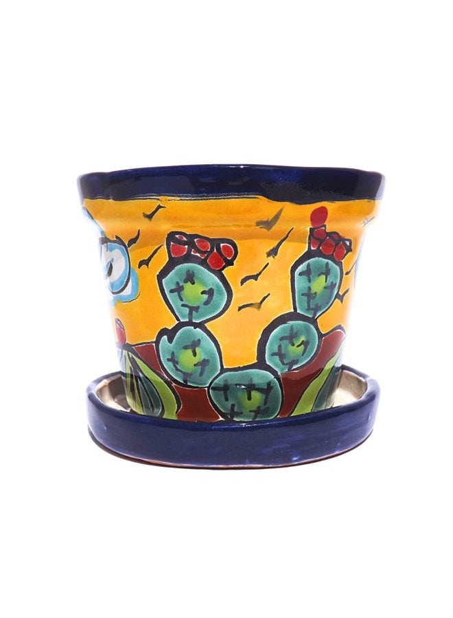 MEXTEQUIL Talavera Mexican Pottery Planters with Saucer 4" Rancherito - Cactus - Sun Pot Hand Painted Ceramic Plant Pot Planter Indoor Outdoor (Rancherito) - Image 5