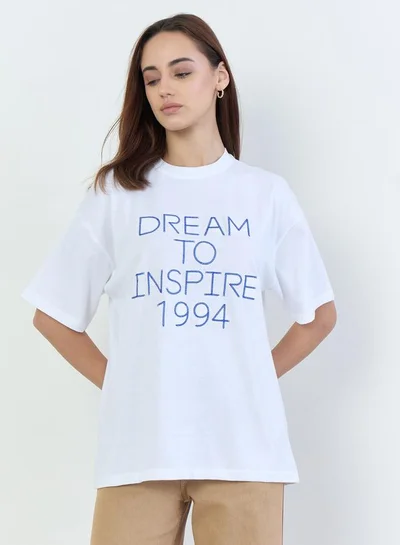 Styli White Oversized Slogan Print T-Shirt