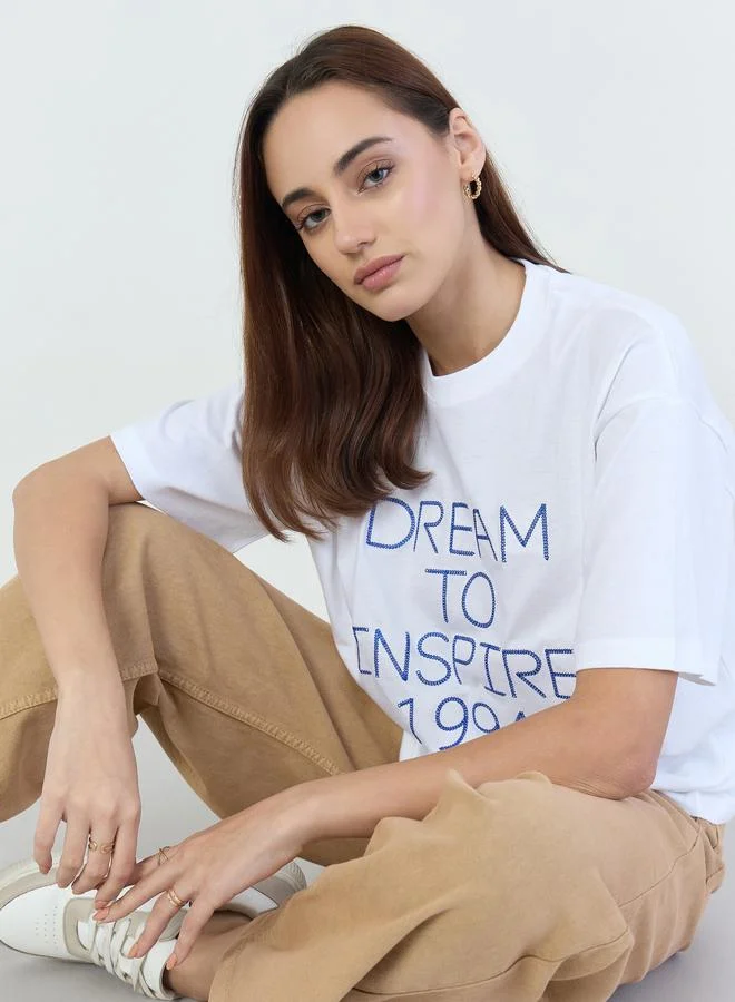 Styli White Oversized Slogan Print T-Shirt
