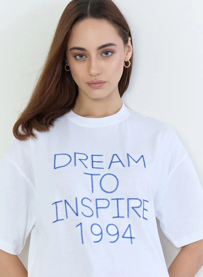 Styli White Oversized Slogan Print T-Shirt