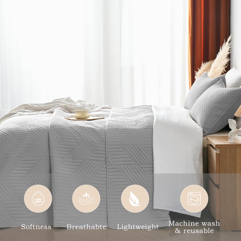 Davulos Queen Quilt Bedding Set,Light Grey Ultrasonic Full/Queen Quilt Set Reversible Microfiber Bedspread,Lightweight Soft Modern Geometric Coverlet Set for All Seasons(1 Quilt,2 Pillow Shams) - Image 4