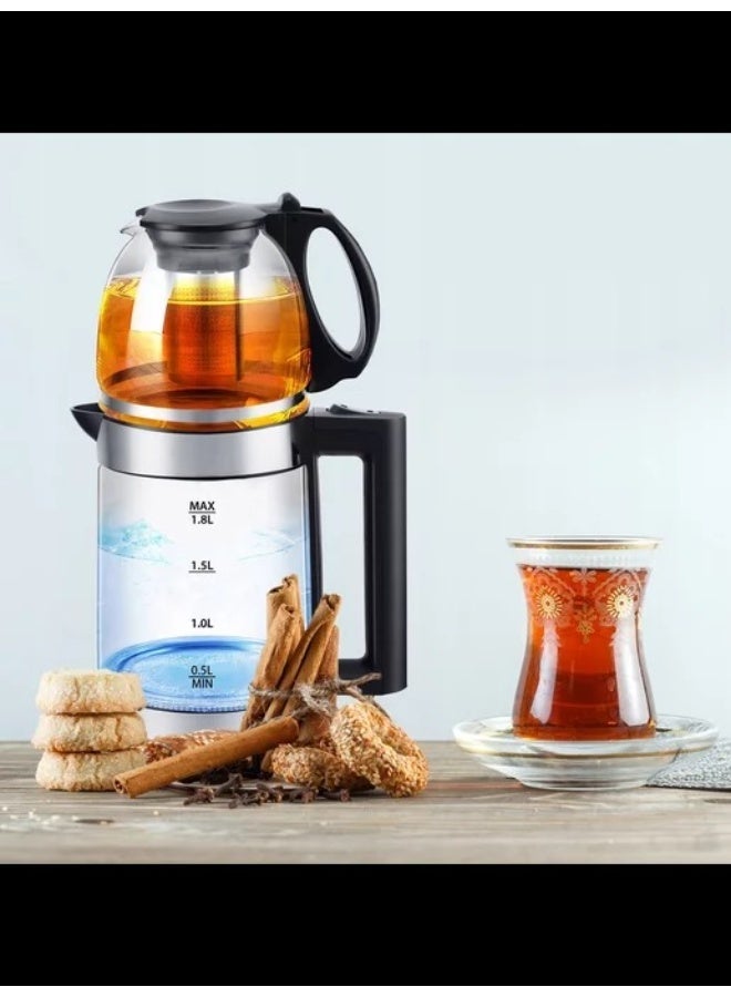 Denx DX2015 2-in-1 Electric Glass Kettle & Turkish Tea Maker , 1500W Fast Boiling Boiler , 1.8L Kettle + 1.0L Teapot Capacity , Removable Filter, Auto Shut-Off - Image 2
