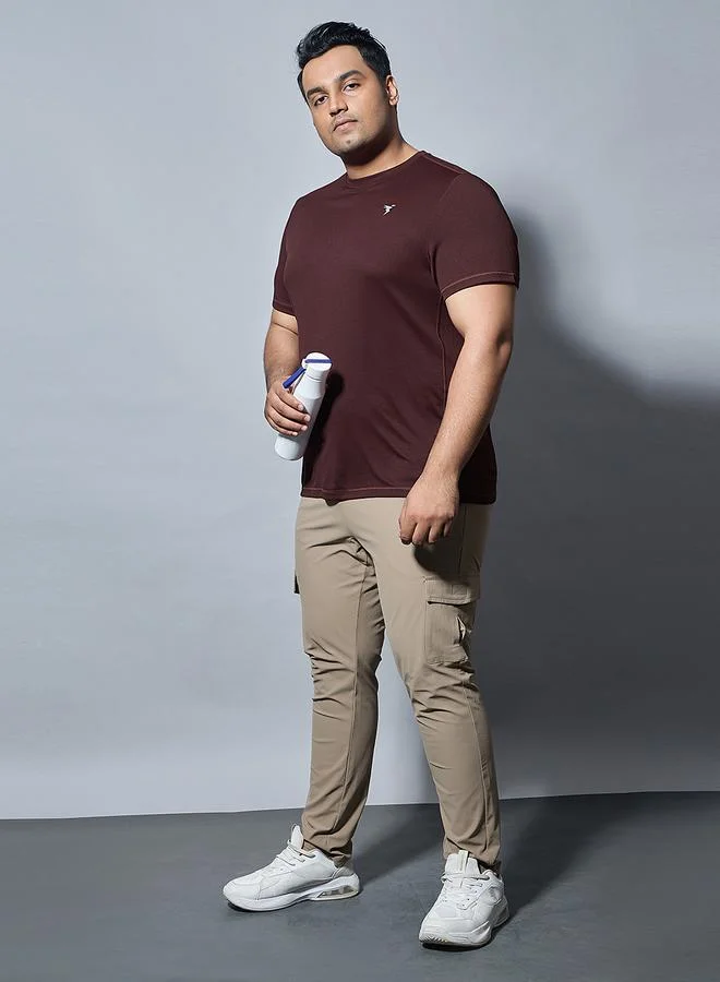 Technosport Plus Brown Solid Crew Neck Slim Fit T-Shirt