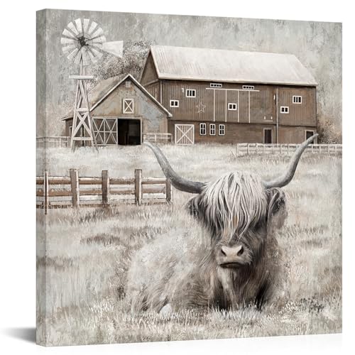 Visual Art Decor Cow Decor Highland Cow Picture Wall Decor Rustic Farmhouse Barn and Windmill Landscape Painting Framed 24x24 inch - Image 1