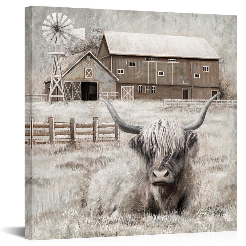 Visual Art Decor Cow Decor Highland Cow Picture Wall Decor Rustic Farmhouse Barn and Windmill Landscape Painting Framed 24x24 inch - Image 2
