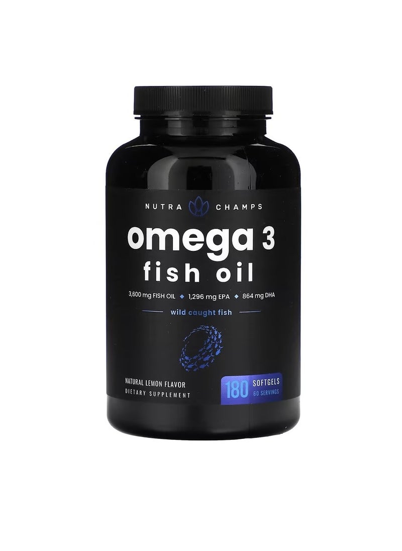NutraChamps مكملات زيت السمك أوميجا 3 3600 مجم مكمل أوميجا 3 عالي الفعالية لدعم صحة القلب والدماغ والمفاصل والجلد والعينين والمناعة 180 كبسولة زيت سمك طبيعية خالية من التجشؤ بنكهة الليمون  - Image 1