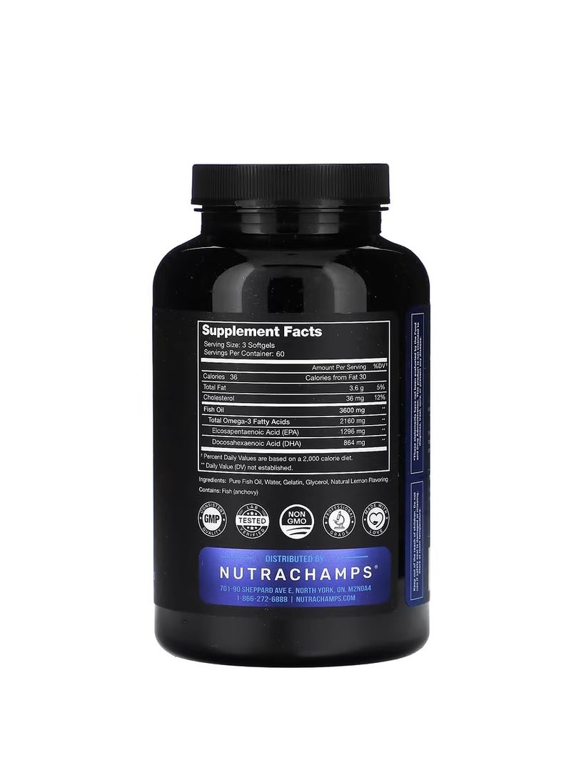 NutraChamps مكملات زيت السمك أوميجا 3 3600 مجم مكمل أوميجا 3 عالي الفعالية لدعم صحة القلب والدماغ والمفاصل والجلد والعينين والمناعة 180 كبسولة زيت سمك طبيعية خالية من التجشؤ بنكهة الليمون  - Image 2