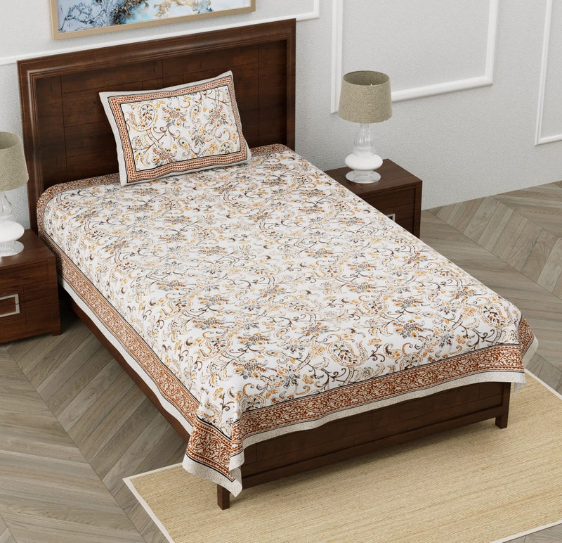 EasyGoods® 100% Pure Cotton Rajasthani Jaipuri Sanganeri Print Single Bedsheet with 1 Pillow Cover | Monarch Bedsheet for Single Bed| 240 TC Premium Printed Flat Bed Sheet (60 x 90 Inch, Brown) - Image 1