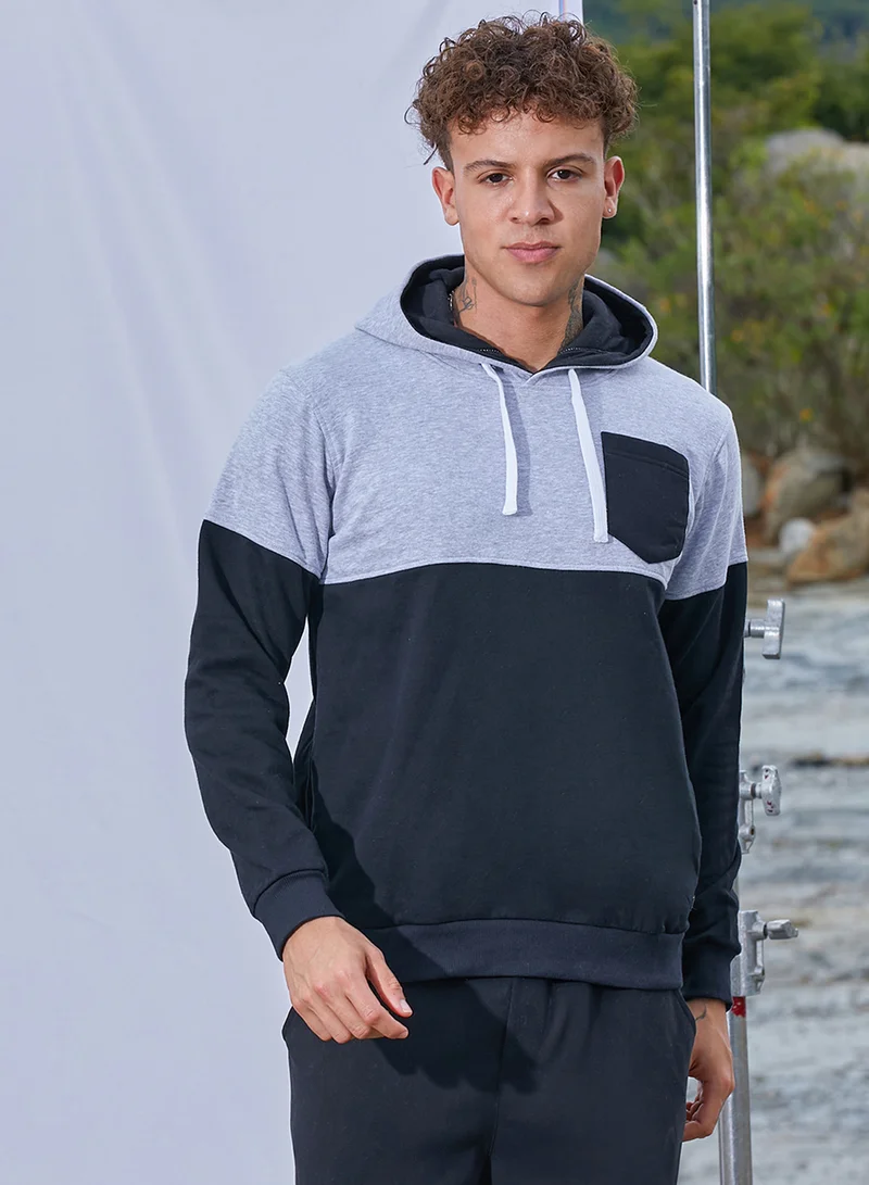 Campus Sutra Men's Black & Grey Pullover Hoodie With Patch Pocket