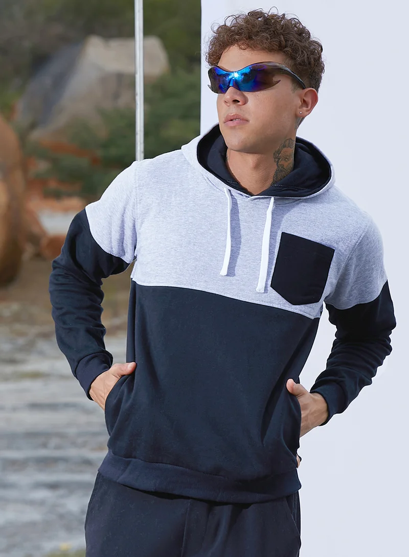 Campus Sutra Men's Black & Grey Pullover Hoodie With Patch Pocket
