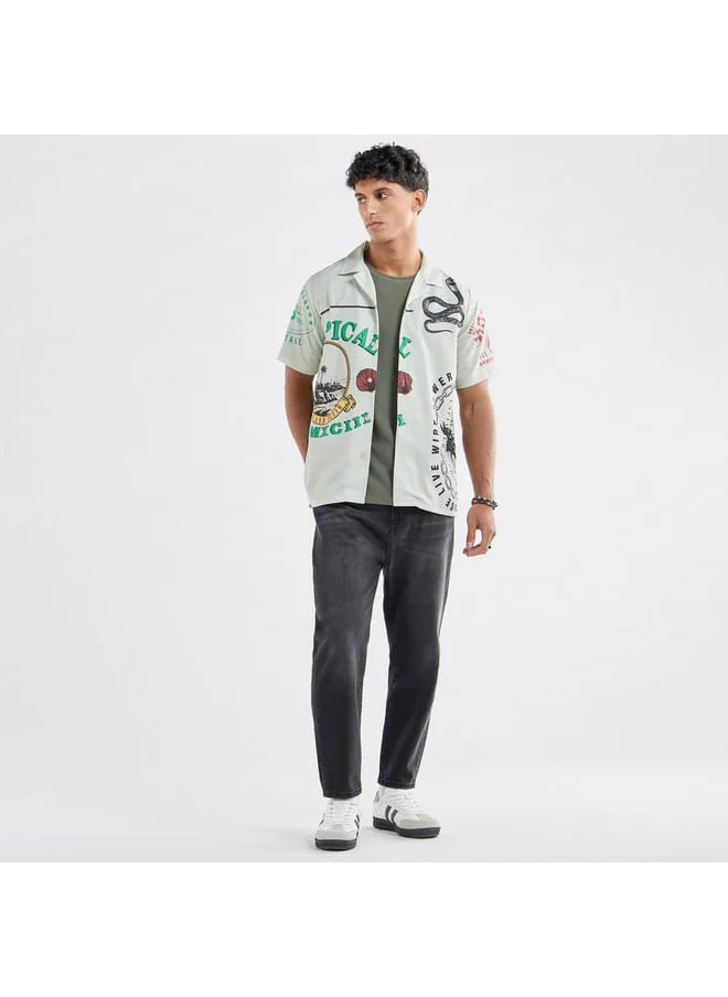 FAV All-Over Graphic Print Shirt with Camp Collar and Short Sleeves