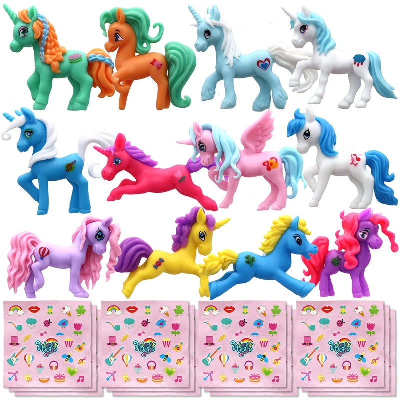 GIFTEXPRESS 12 pcs Individual Packed Magical Unicorn Ponys Unicorns Figure and Unicorn Stickers Sheets for Girls Birthday Party Valentines Day Goodies Bag