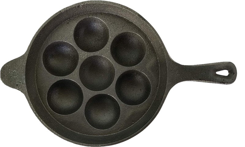 Bharath Agencies Cast Iron 7 Cavity Appam Patra Kuzhi Paniyaram Pre-Seasoned Cast Iron Paddu Tawa with Handle, Black, Each Hole - 2 inch in Diameter - Image 1