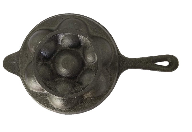 Bharath Agencies Cast Iron 7 Cavity Appam Patra Kuzhi Paniyaram Pre-Seasoned Cast Iron Paddu Tawa with Handle, Black, Each Hole - 2 inch in Diameter - Image 2