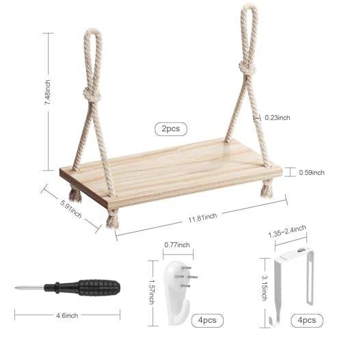 YOYUTOX 2 Pack Fabric Wall Cubicle Shelf, 11.8" Wooden Hanging Cubicle Shelf Organizer with Hooks, Dual Mounting Options, Cotton Rope Storage Shelf, No-Drill Boho Style for Office Cubicles & Desk Decor - Image 3