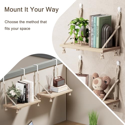 YOYUTOX 2 Pack Fabric Wall Cubicle Shelf, 11.8" Wooden Hanging Cubicle Shelf Organizer with Hooks, Dual Mounting Options, Cotton Rope Storage Shelf, No-Drill Boho Style for Office Cubicles & Desk Decor - Image 5