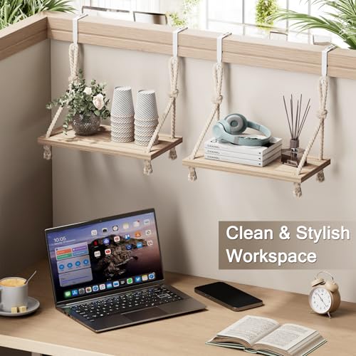 YOYUTOX 2 Pack Fabric Wall Cubicle Shelf, 11.8" Wooden Hanging Cubicle Shelf Organizer with Hooks, Dual Mounting Options, Cotton Rope Storage Shelf, No-Drill Boho Style for Office Cubicles & Desk Decor - Image 4