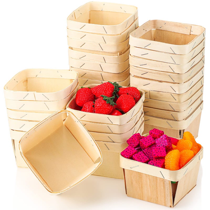 Unittype Unittype 30 Pcs One Pint Wooden Fruit Berry Gift Basket Bulk 4 x 4 x 25 Inch Small Square Vented Container Boxes for Food Storage and Party Arts Crafts Decor 