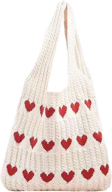 Kawn® Premium Knitted Heart Pattern Tote Bag Large Stylish and Durable Trendy bag for Everyday Use Beach Shopping Travel Work – Comfortable and Trendy Design (Beige) - Image 1