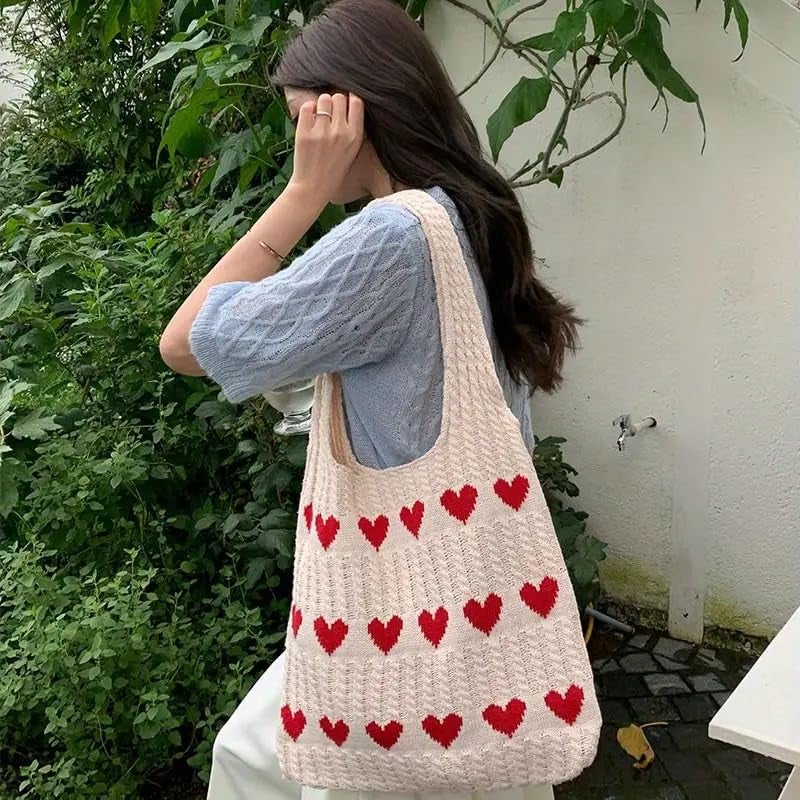 Kawn® Premium Knitted Heart Pattern Tote Bag Large Stylish and Durable Trendy bag for Everyday Use Beach Shopping Travel Work – Comfortable and Trendy Design (Beige) - Image 2