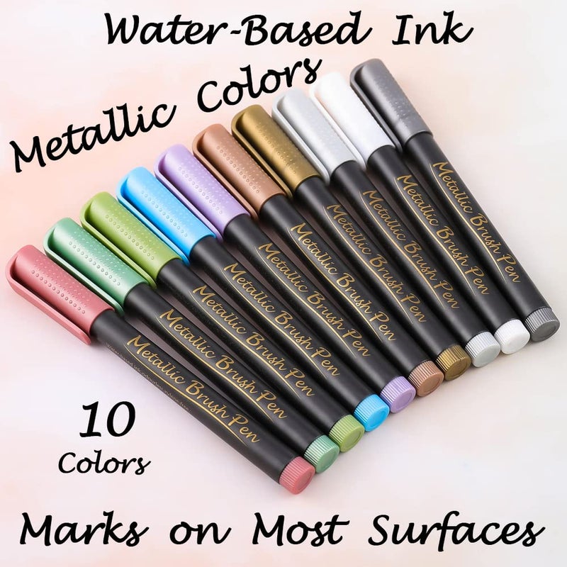 Dyvicl Metallic Brush Marker Pens - Metallic Pens Art Markers for Calligraphy, Brush Lettering, Black Paper, Rock Painting, Card Making, Scrapbooking, Fabric, Metal, Ceramic, Wine Glass, Set of 10 - Image 2
