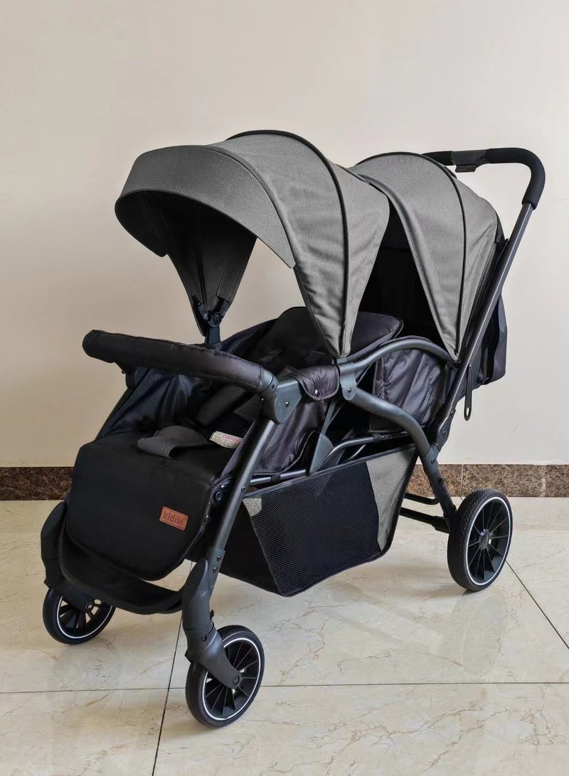 Kidilo Twin Stroller, Foldable Double Stroller for Newborns and Toddlers with Canopy and Storage Basket, Product Code LB200 - Image 2