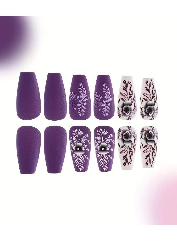 روزينو 24 قطعة طويلة الباليه فن الأظافر المجمد ، الخريف والشتاء الدافئ الأرجواني الإغاثة ثلاثية الأبعاد تصميم الأوراق الزهرة ثلاثية الأبعاد ، مناسبة لفن زخرفة الأظافر للنساء ، مع 1 قطعة من الغراء الهلام ومكشطة الأظافر ، الجمعة السوداء - Image 5