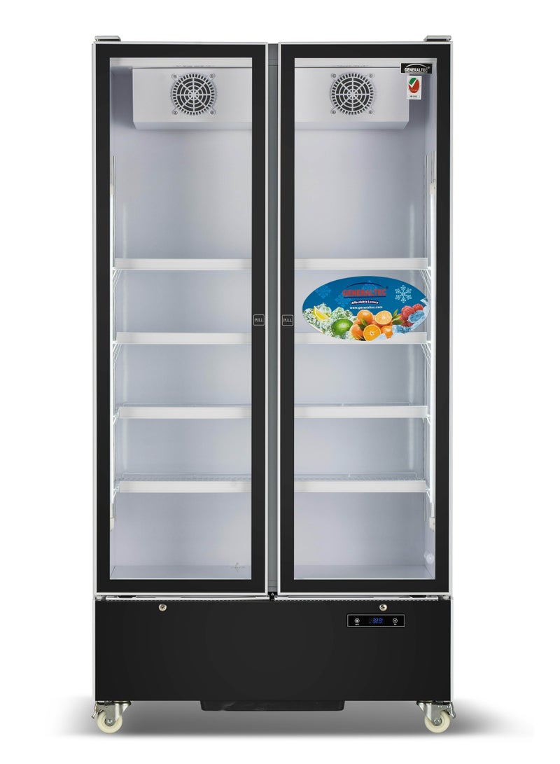 Generaltec Double Glass Door Showcase Chiller | Fan Cooling | Adjustable Shelves | White LED Lighting | Sleek Black Design | For Shops, Cafés & Home | Model GCH1220DLX | 1 Year Full + 5 Years Compressor Warranty 700 L 380 W GCH1220DLX white - Image 1