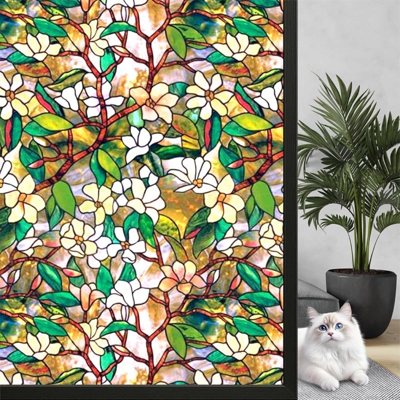 WALLTON Premium Privacy Window Film Vinyl Frosted Self Adhesive Glass Film Decorative Window Stickers for Home Office Bathroom Kitchen Living Room. Green Flower, 16x36 Inch - Image 1