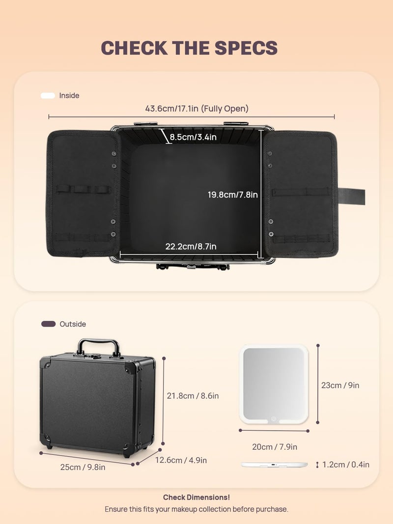 Qislee Makeup Box with A Detachable Lighted Mirror, Waterproof Travel Train Case, Cosmetic Organizer and Makeup Suitcase with Adjustable Dividers, Magnetic LED Mirror (Black) - Image 3