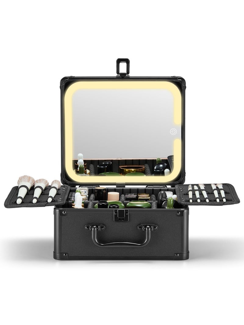 Qislee Makeup Box with A Detachable Lighted Mirror, Waterproof Travel Train Case, Cosmetic Organizer and Makeup Suitcase with Adjustable Dividers, Magnetic LED Mirror (Black) - Image 1