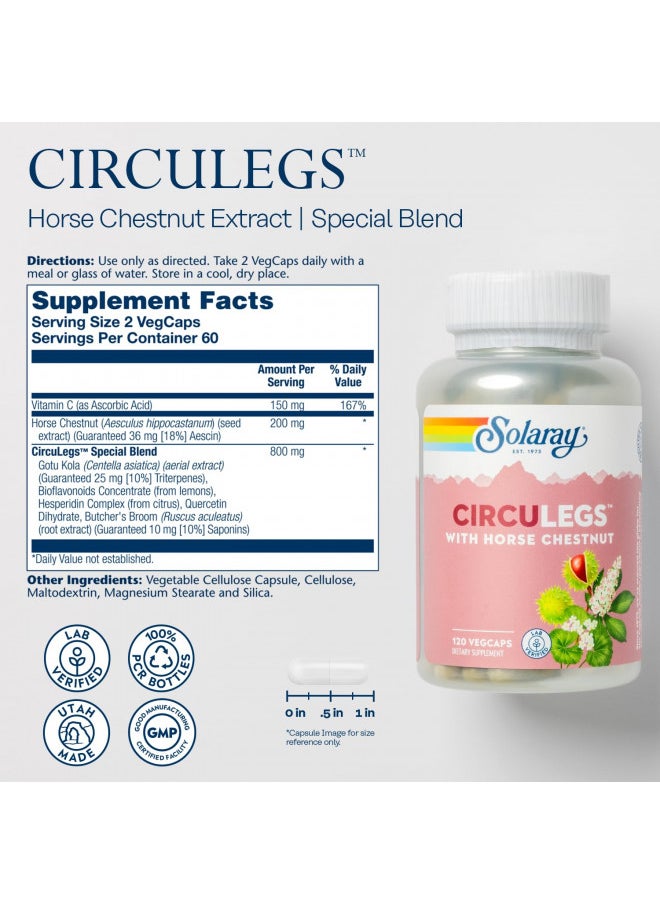 SOLARAY CircuLegs with Horse Chestnut Extract, Gotu Kola, Butcher's Broom, and More, Circulation and Vein Support for Healthy Legs, 60-Day Guarantee, Lab Verified (60 Serv, 120 VegCaps)