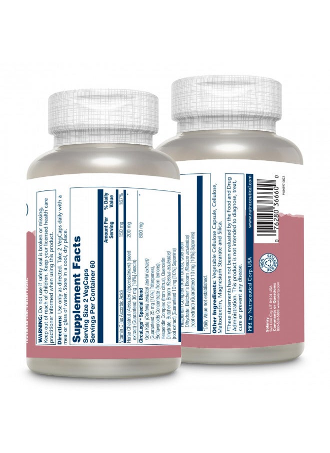 SOLARAY CircuLegs with Horse Chestnut Extract, Gotu Kola, Butcher's Broom, and More, Circulation and Vein Support for Healthy Legs, 60-Day Guarantee, Lab Verified (60 Serv, 120 VegCaps)